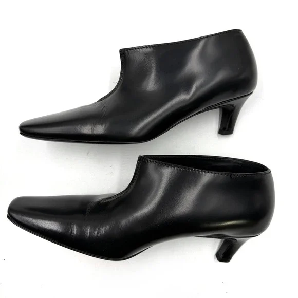 Toteme Wide Shaft Boots Black Leather Square Toe Kitten Heel Ankle Sz 37 / 7